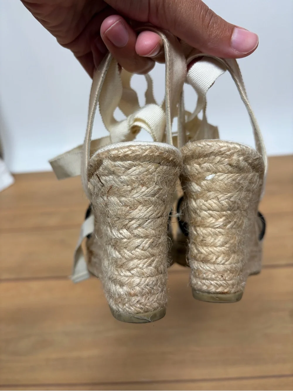 Chanel Cream and Black Camellia Flower Espadrille Wedges Ballerina Ribbon Ties
